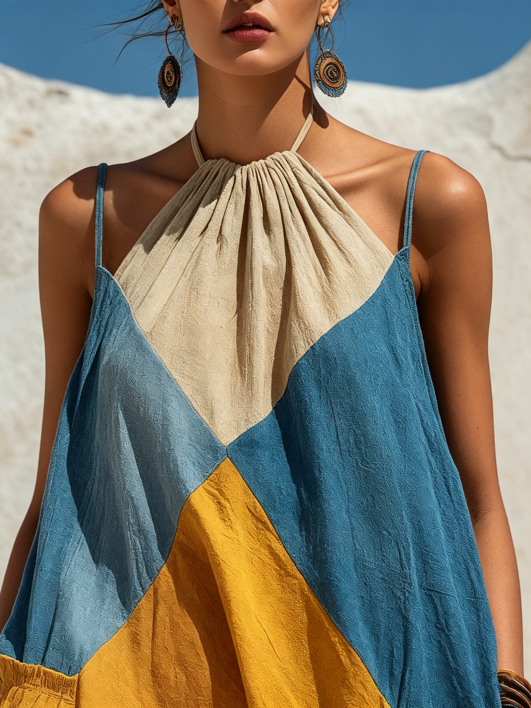 Loose-Fit Color-Block Denim Halter Jumpsuit with Pockets