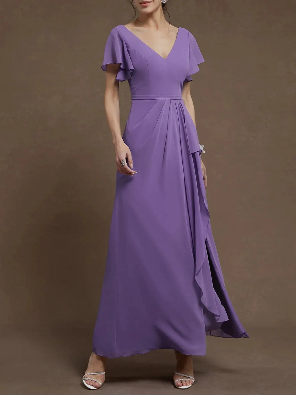 Purple Ruched V Neck Ruffle Sleeve A-Line Maxi Chiffon Bridesmaid Dress