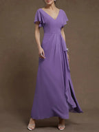 Purple Ruched V Neck Ruffle Sleeve A-Line Maxi Chiffon Bridesmaid Dress