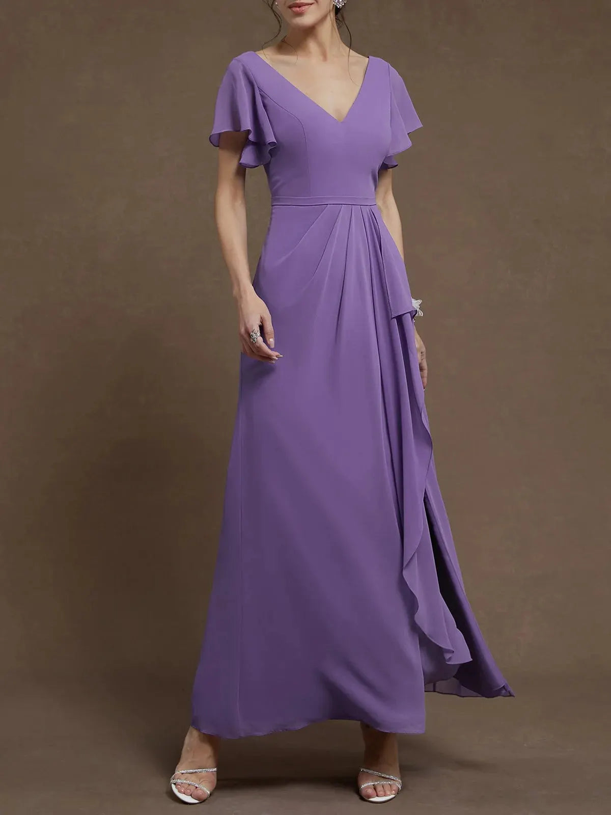 Purple Ruched V Neck Ruffle Sleeve A-Line Maxi Chiffon Bridesmaid Dress
