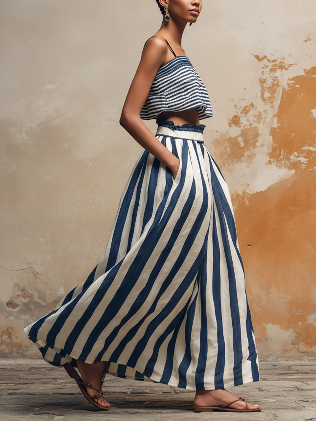 Striped Linen-Blend Two-Piece Set | Crop Top & Maxi Skirt With Pockets