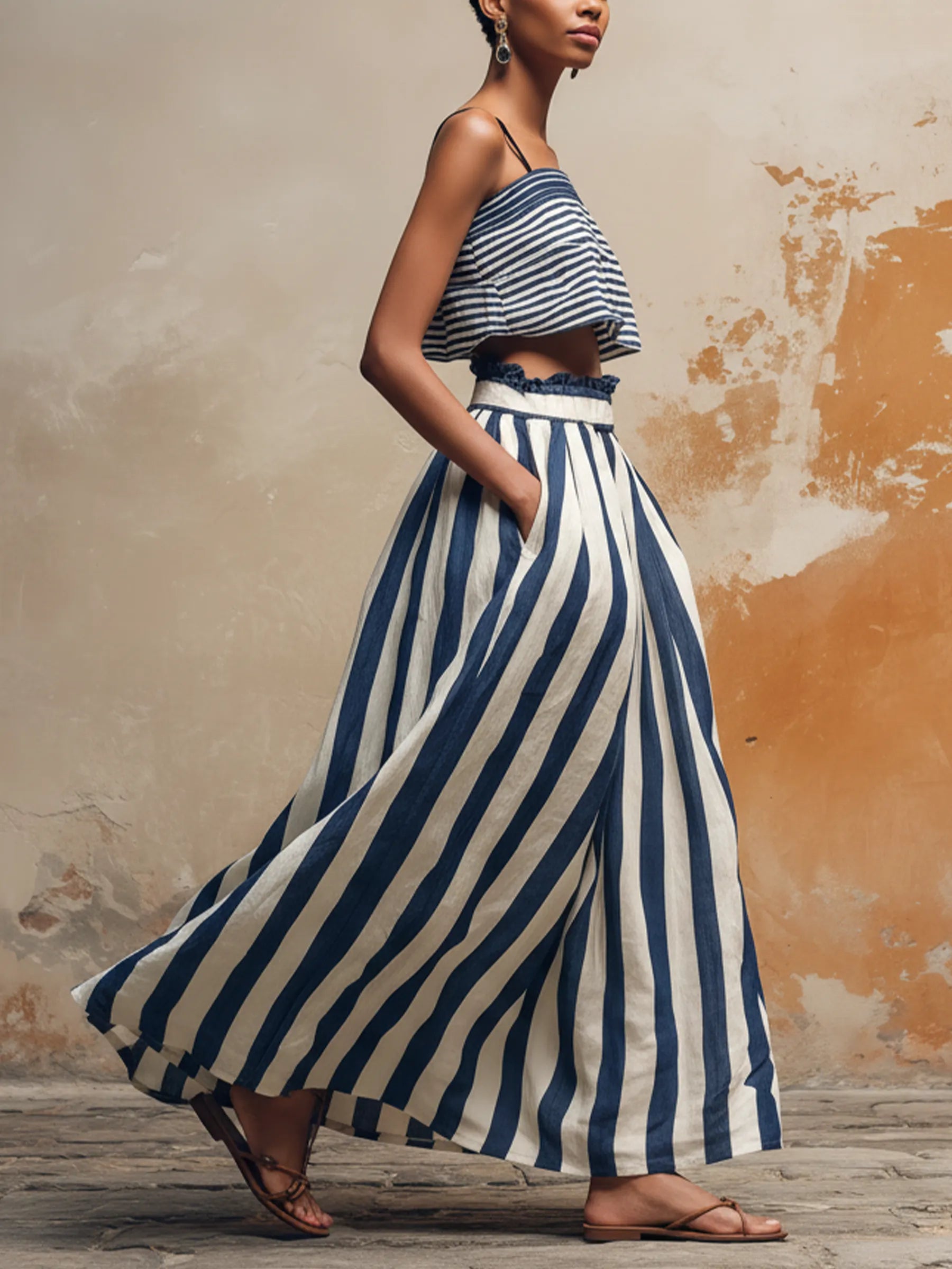 Striped Linen-Blend Two-Piece Set | Crop Top & Maxi Skirt With Pockets