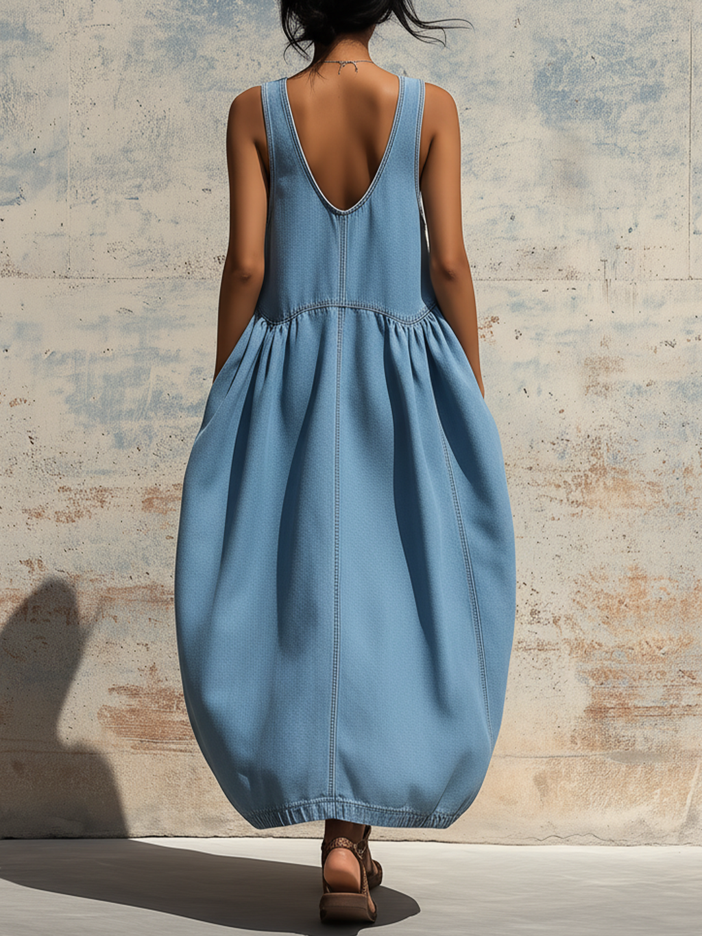 Light Blue Denim Sleeveless Bubble Hem Maxi Dress