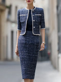 Tweed Two-Piece Set: Short-Sleeve Trimmed Jacket & Pencil Skirt