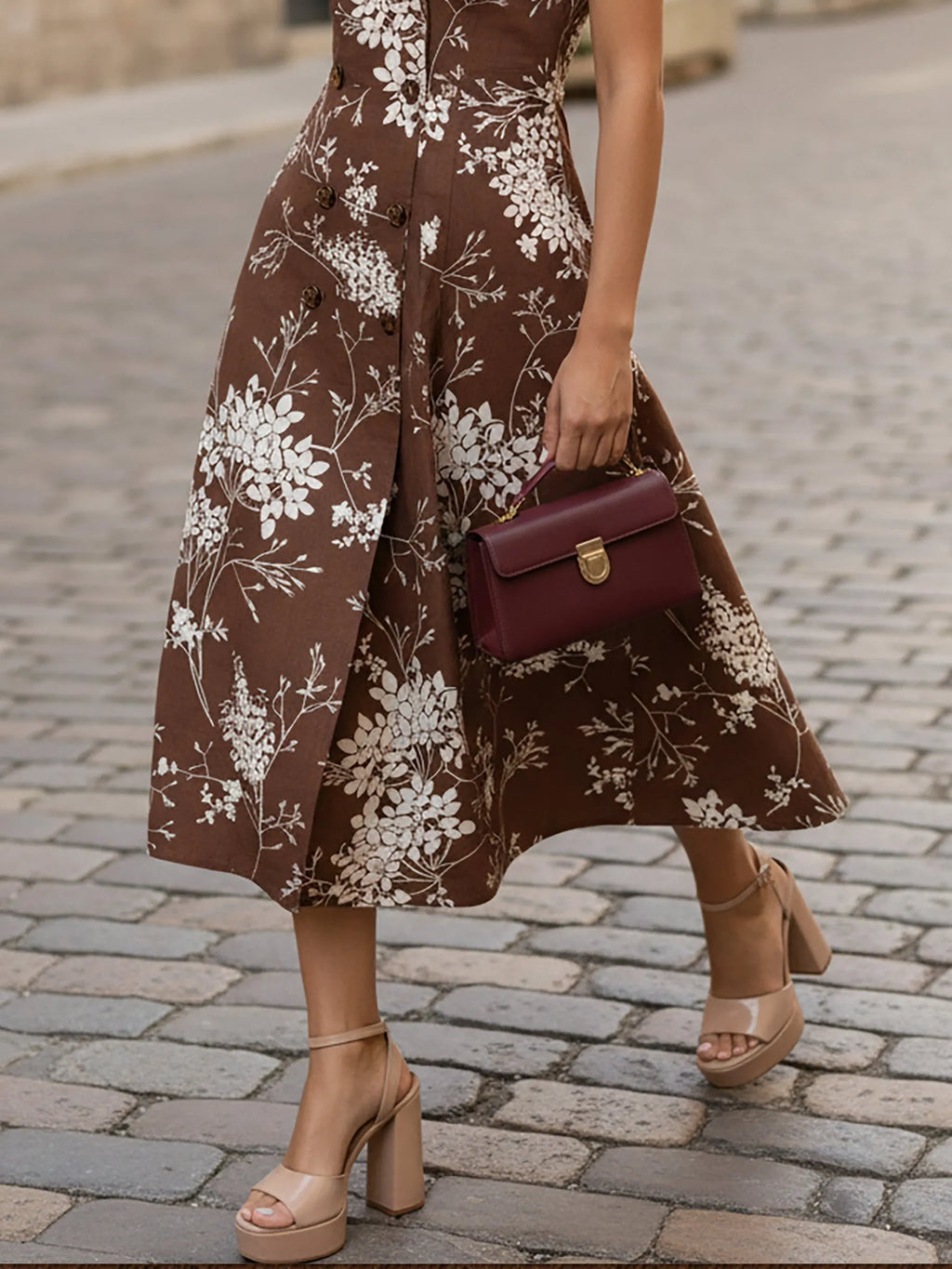 Midi Linen Dress, Sleeveless, Shawl Collar, Floral, Button Design, Vintage, Brown