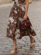 Midi Linen Dress, Sleeveless, Shawl Collar, Floral, Button Design, Vintage, Brown