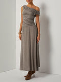 Khaki Lyocell Wool Ruched Knit Versatile One Shoulder/ Off-the-Shoulder Sleeveless A-Line Maxi Dress
