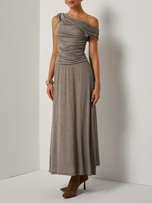 Khaki Lyocell Wool Ruched Knit Versatile One Shoulder/ Off-the-Shoulder Sleeveless A-Line Maxi Dress