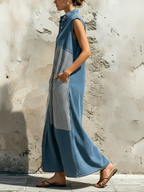 Patchwork Denim & Stripe Sleeveless Maxi Dress Stand Collar