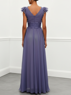 Deep Purple Ruffled Chiffon V Neck Sleeveless A-Line Gown Dress
