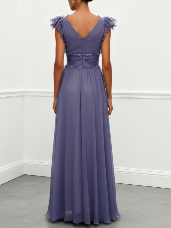 Deep Purple Ruffled Chiffon V Neck Sleeveless A-Line Gown Dress