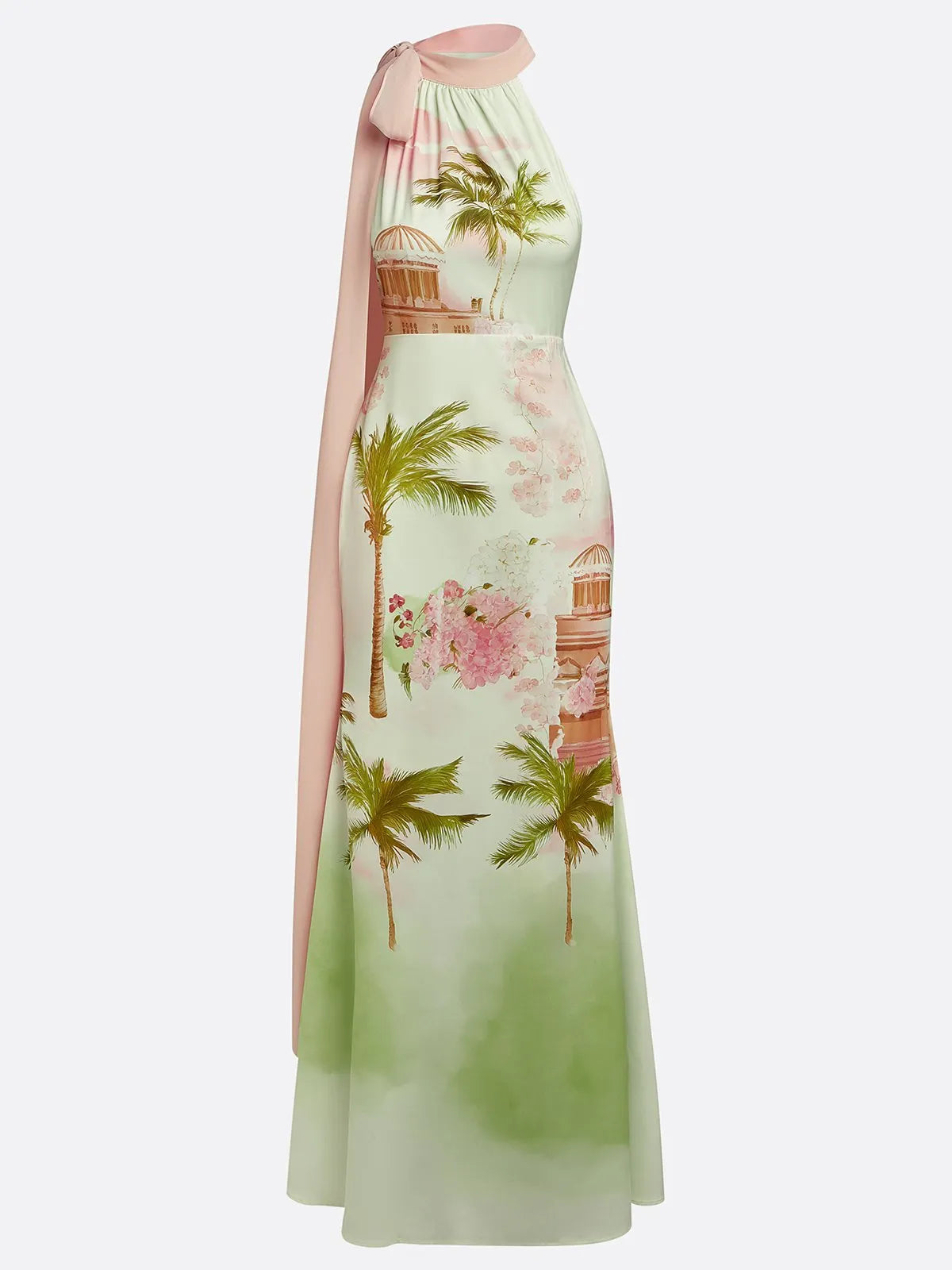 Green Floral Satin Halter Neck Sleeveless A-Line Gown Dress