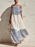 Blue & White Gingham Halter Cold-Shoulder Tiered Maxi Dress
