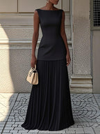 Off White Pleated Classic Boat Neck Sleeveless A-Line Floor-length Gown Dress