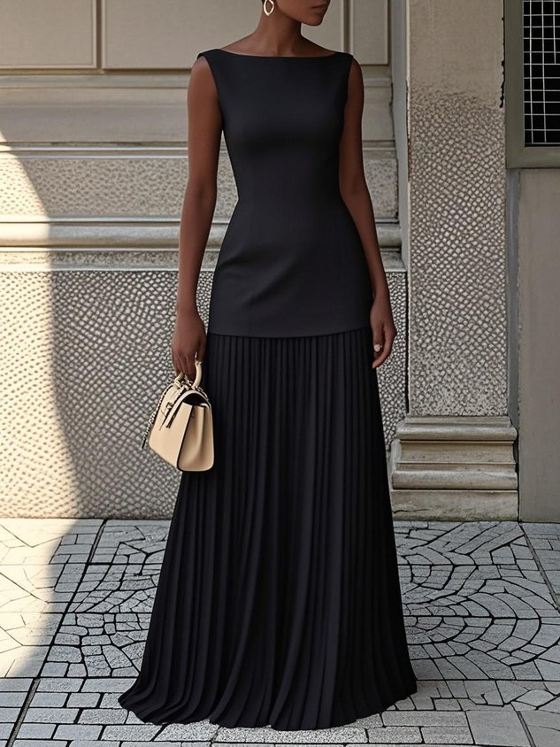 Off White Pleated Classic Boat Neck Sleeveless A-Line Floor-length Gown Dress