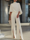 Cape-Sleeve High-Neck Blouse & Slit Wide-Leg Trousers Set