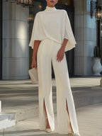Cape-Sleeve High-Neck Blouse & Slit Wide-Leg Trousers Set