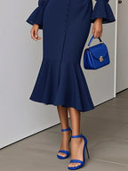 Purplish Blue Buckle Classic V Neck Long Sleeve Bell Sleeve Mermaid Midi Dress