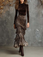 Velvet Leopard Bodice And Tiered Pleated Maxi Dress
