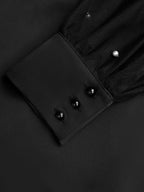 Black Beaded Slit Satin V Neck Long Sleeve Balloon Sleeve Sheath Midi Dress