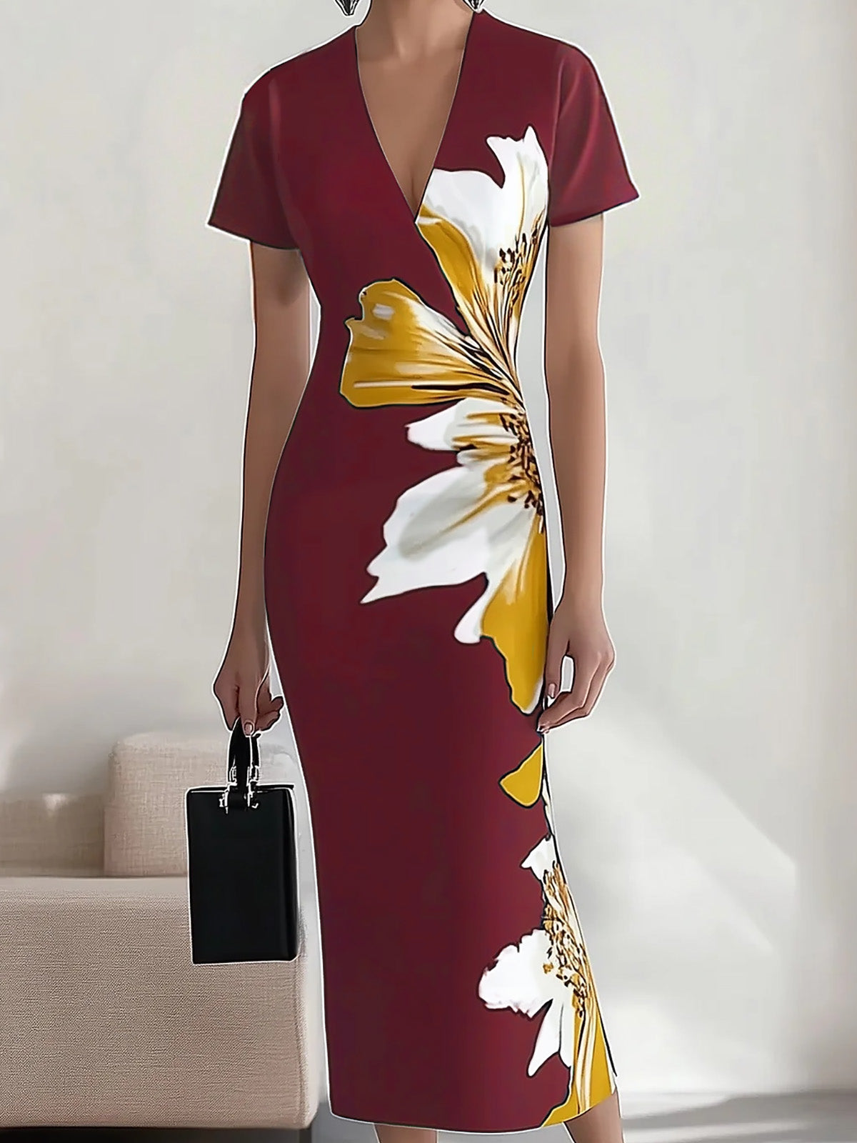 Chic Black Satin Dress with Unique Side Floral Pattern