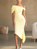 Chic Asymmetric Off-the-Shoulder Dress in Pale Yellow