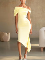 Chic Asymmetric Off-the-Shoulder Dress in Pale Yellow