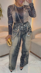Mesh Top & Printed Denim Pants Outfit