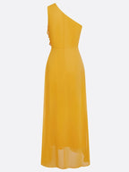 Yellow Peplum Chiffon One Shoulder Sleeveless Sheath Maxi Dress