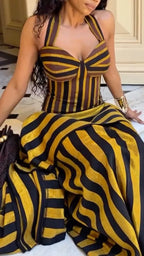 Bold Stripe Halter Corset Layer Maxi Skirt Matching Set