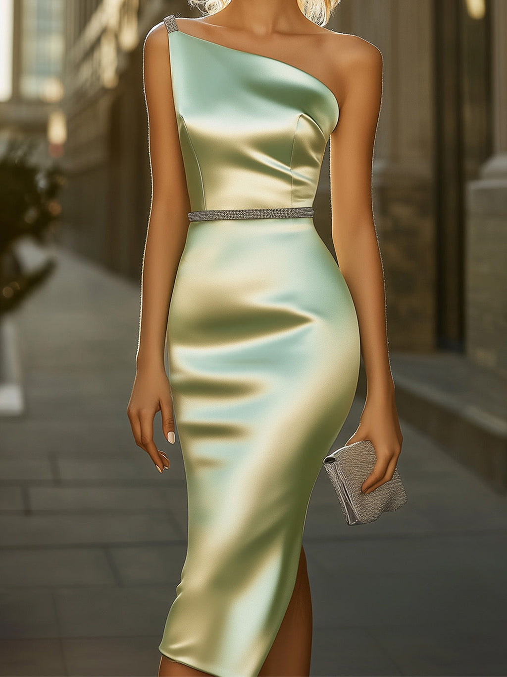 Sage Green Satin Dress With Silver Shoulder And Waist Embellishments