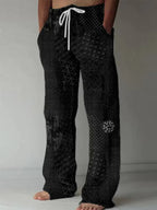 Men's Japanese Traditional Sashiko Art Linen Blend Casual Pants