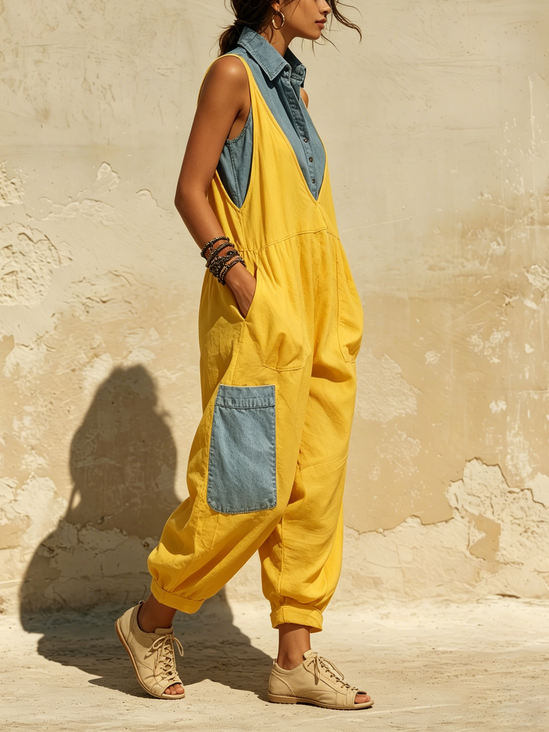 Contrast Denim Detail Sleeveless Harem Jumpsuit