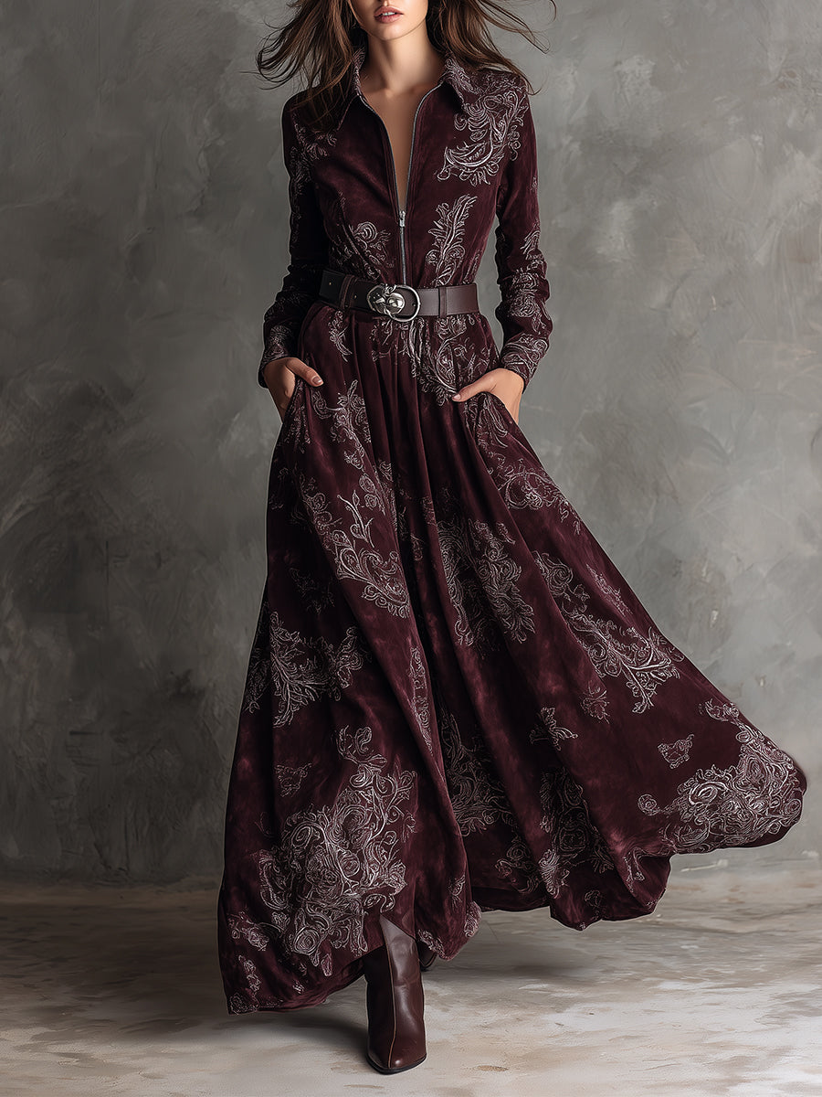 Bohemian Suede Printed Front Zip Maxi Dress