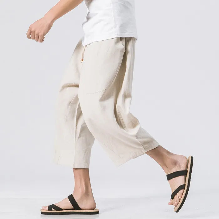 Men's Vintage Japanese Pocket Cotton Linen Casual Capri Pants