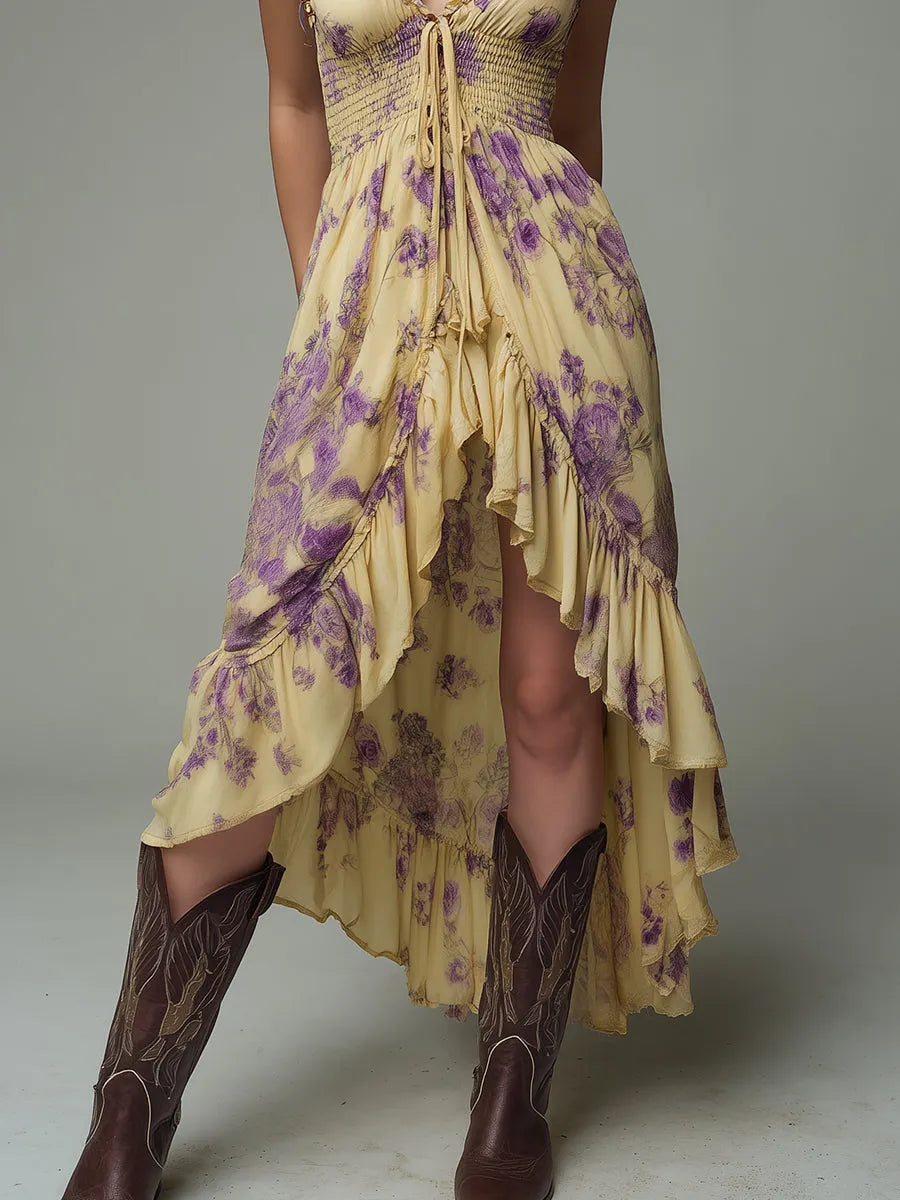 Boho High-Low Hem Shirred Waist Printed Midi Dress