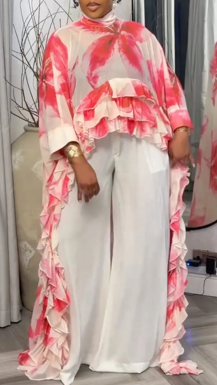 Ruffled Chiffon Printed Cape Top