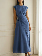 Midi Linen Dress, Cap Sleeves, Round Neck, Plain, French Vintage, Deep Blue