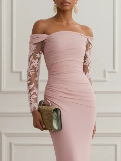 Pink Lace Knit Off The Shoulder Long Sleeve Sheath Gown Dress