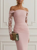 Pink Lace Knit Off The Shoulder Long Sleeve Sheath Gown Dress