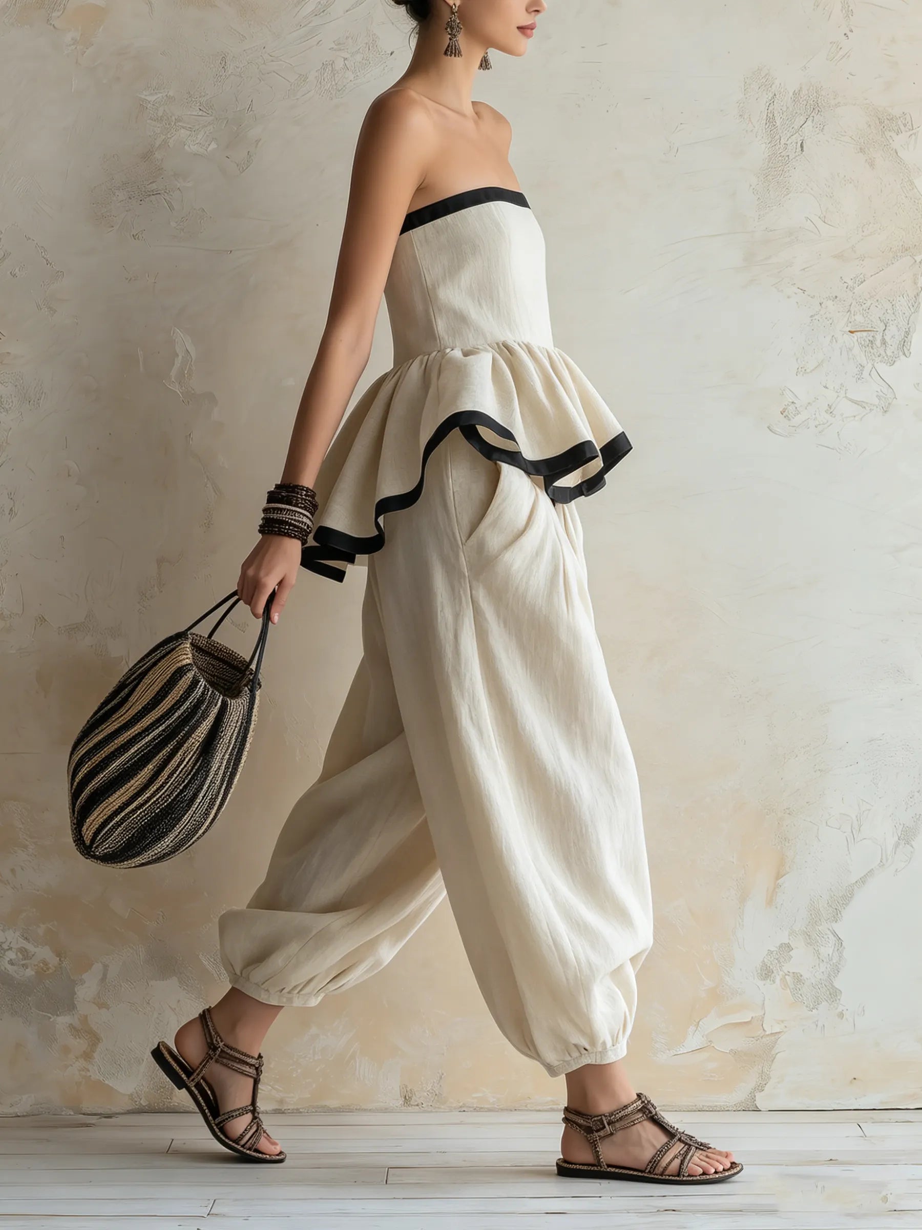 Strapless Ruffle Peplum Top & Harem Pants Set | Linen Boho Two-Piece Outfit
