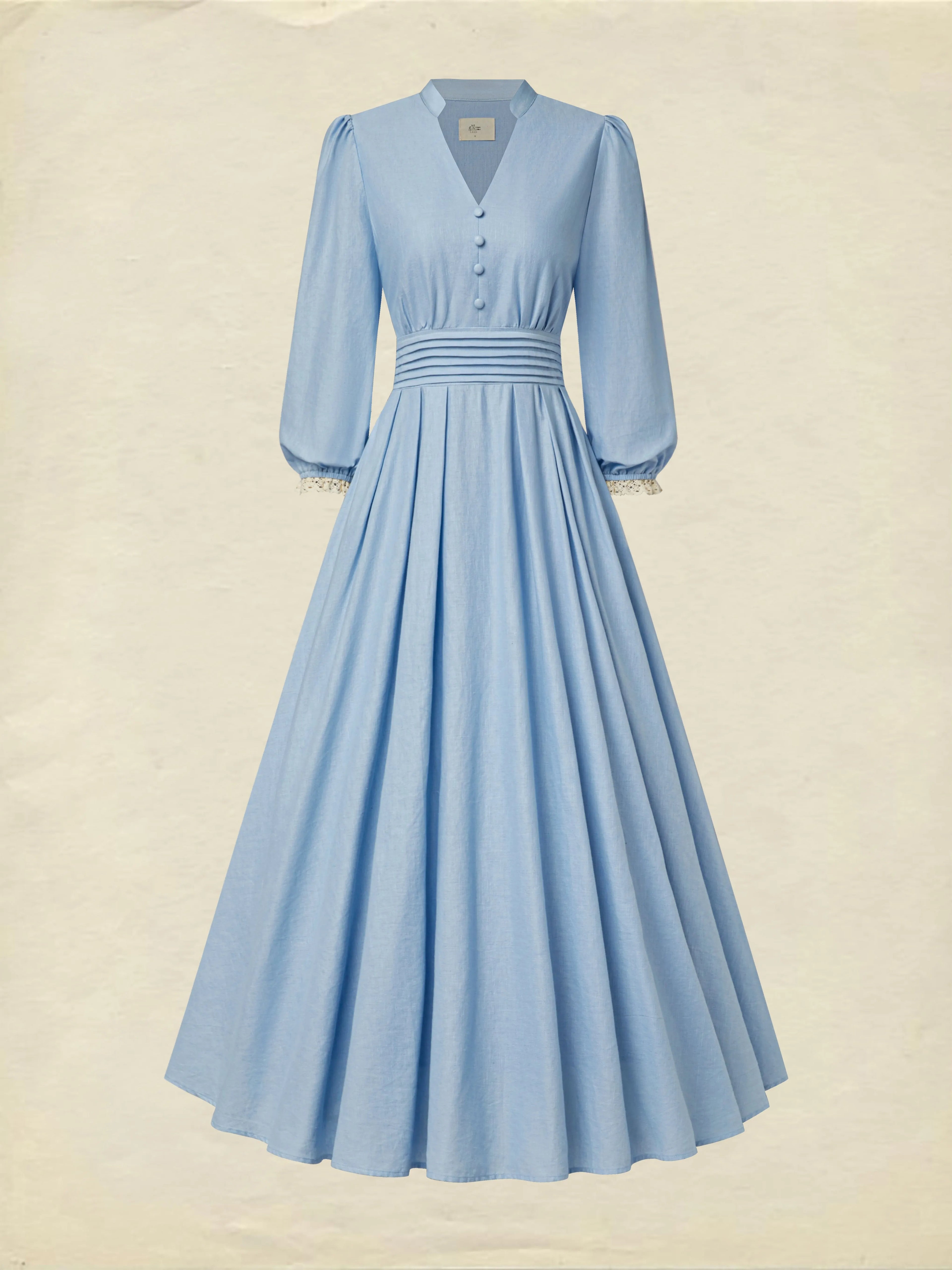 Midi Cotton Dress, Half Sleeve, V Neck, Plain, Lace, Vintage, Blue