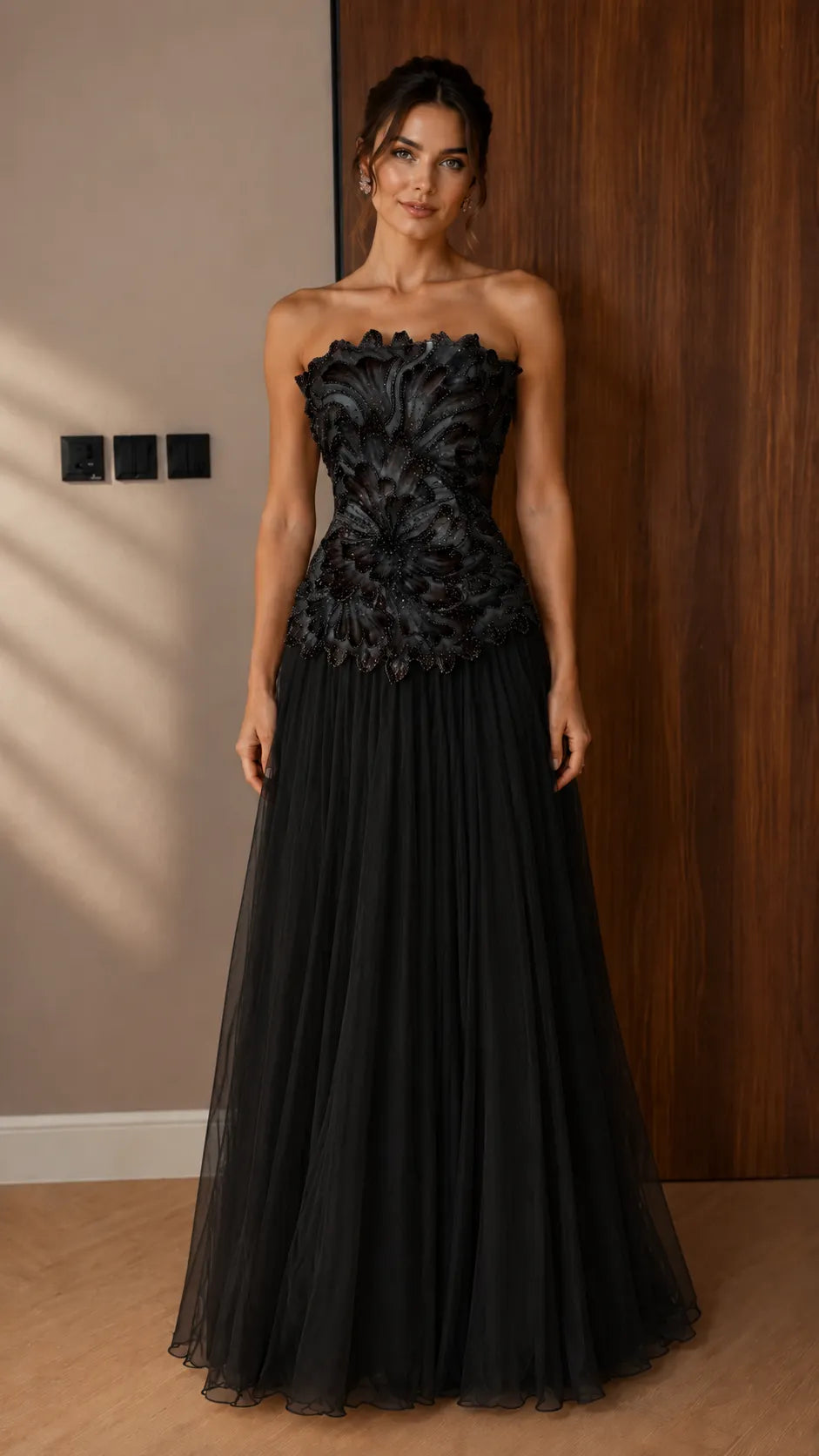 Strapless Gradient Floral Applique Pleated Tulle Evening Dress
