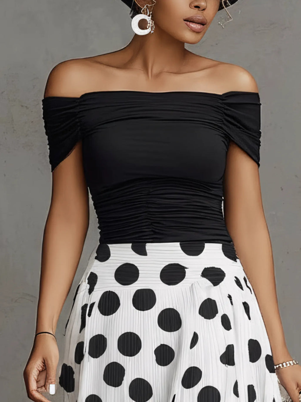 Black Off Shoulder Ruched Top And White Polka Dot Chiffon Pleated Skirt Set