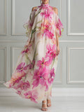 Floral Watercolor High-Neck Cold-Shoulder Maxi Dress