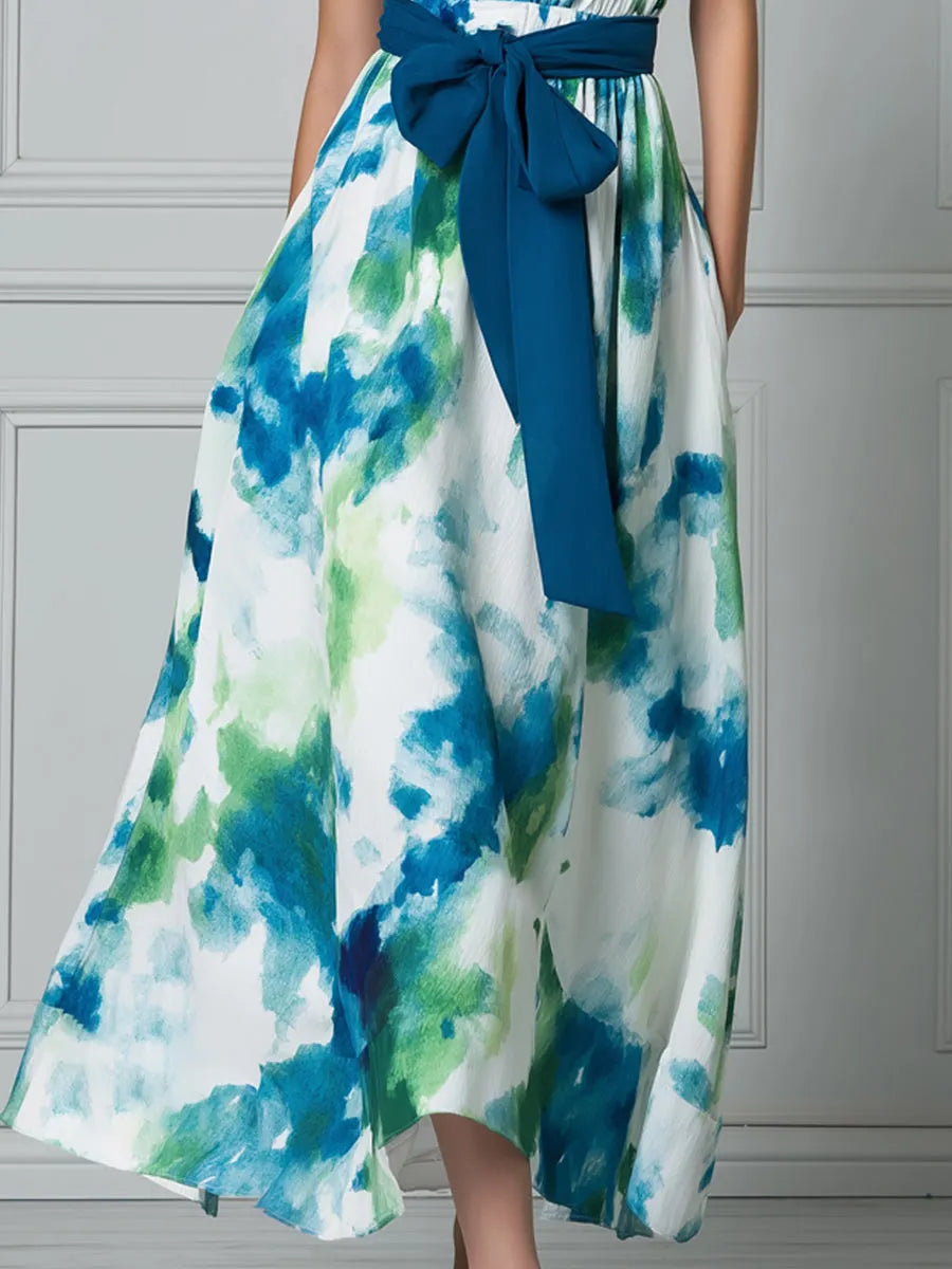 Collared Short Sleeve Watercolor Print Midi Dress