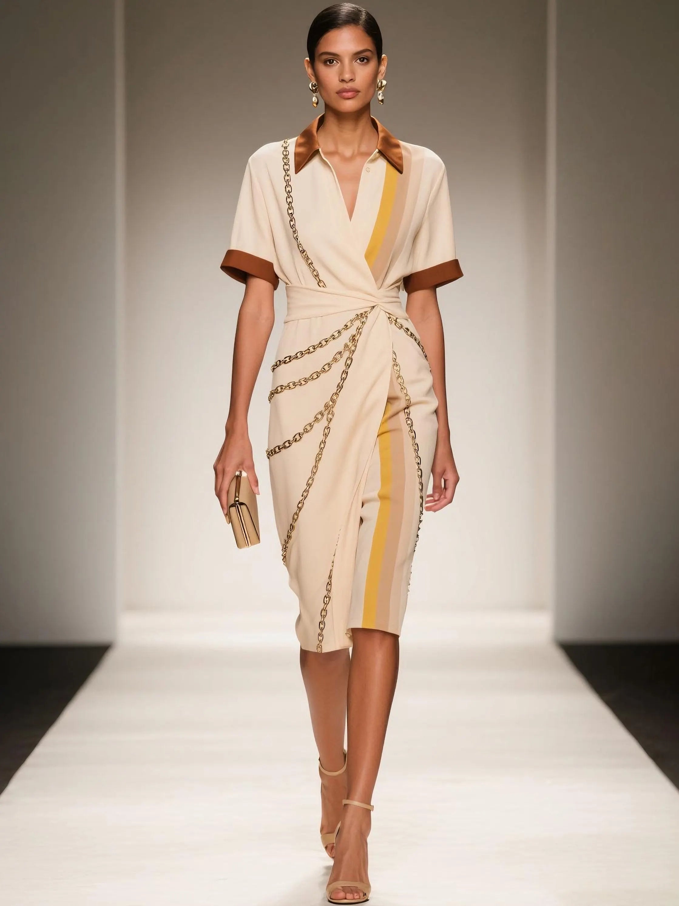 Apricot Wrap Dress Shirt Collar Short Sleeve Sheath Midi Dress