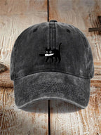 Funny Black Cat Print Washed Hat