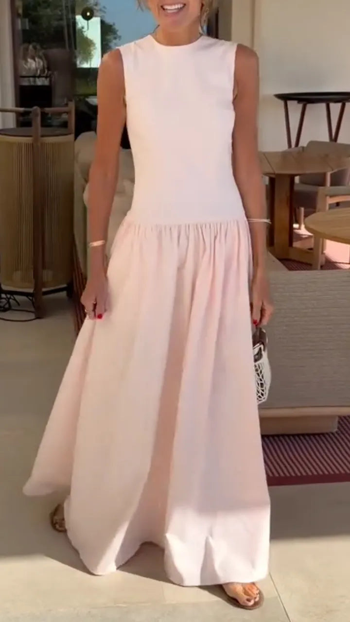 Sleeveless Round Neck Gathered Waist Maxi Dress