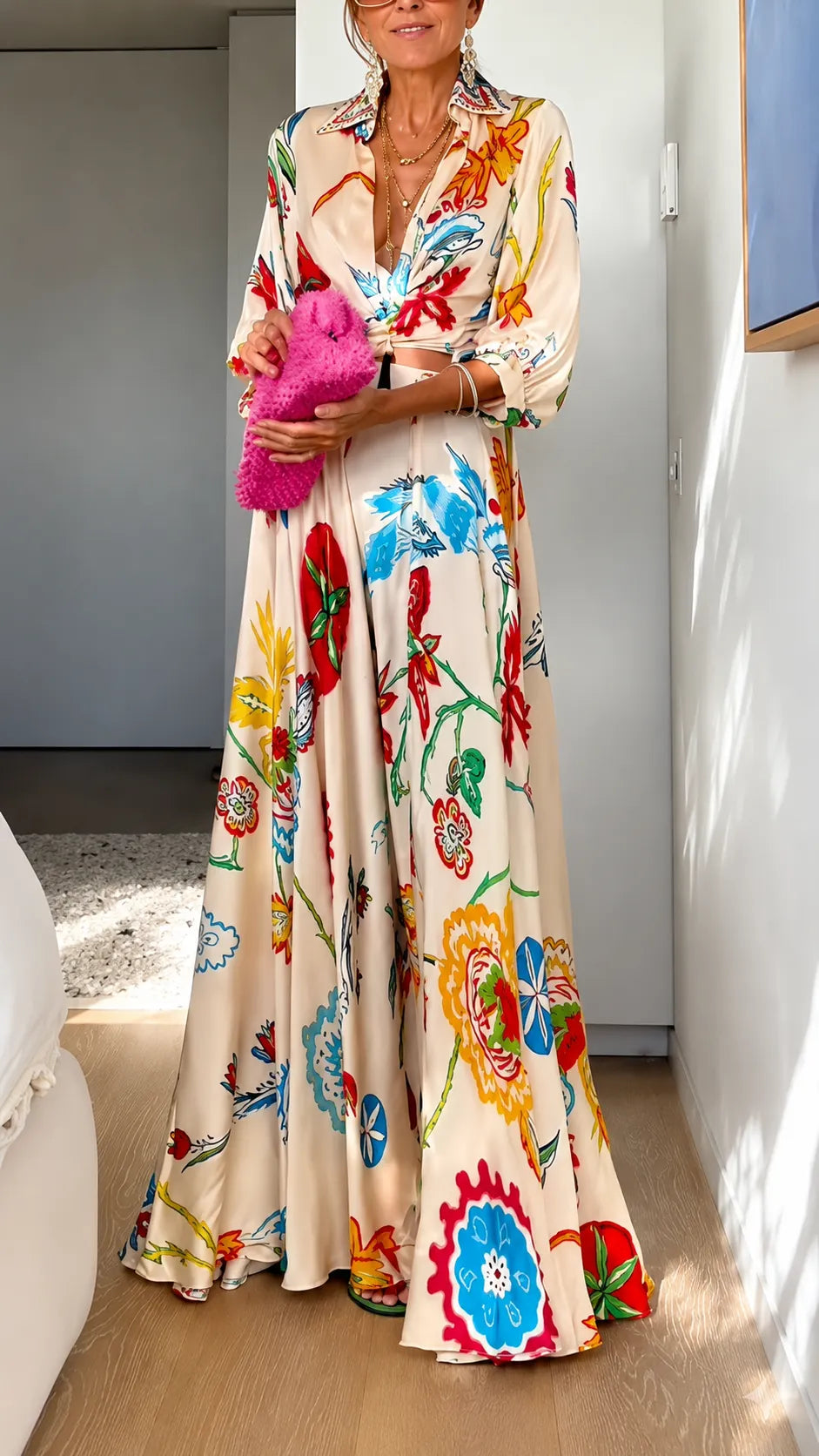 Women's Collared Printed Satin Resort Set